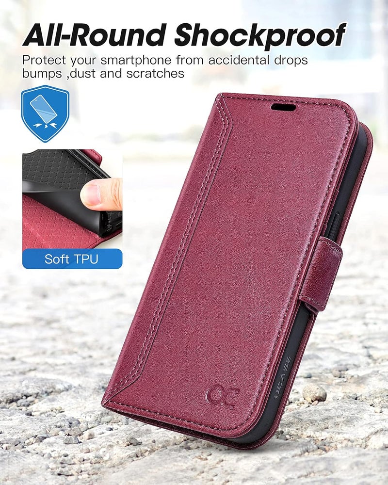 OCASE Retro Series Compatible with iPhone 13 Wallet Case with Card Holders [RFID Blocking][TPU Inner Shell ][Kickstand] PU Leather Flip Folio Shockproof Phone Cover 6.1 inch 2021 (Burgundy) - Image 5